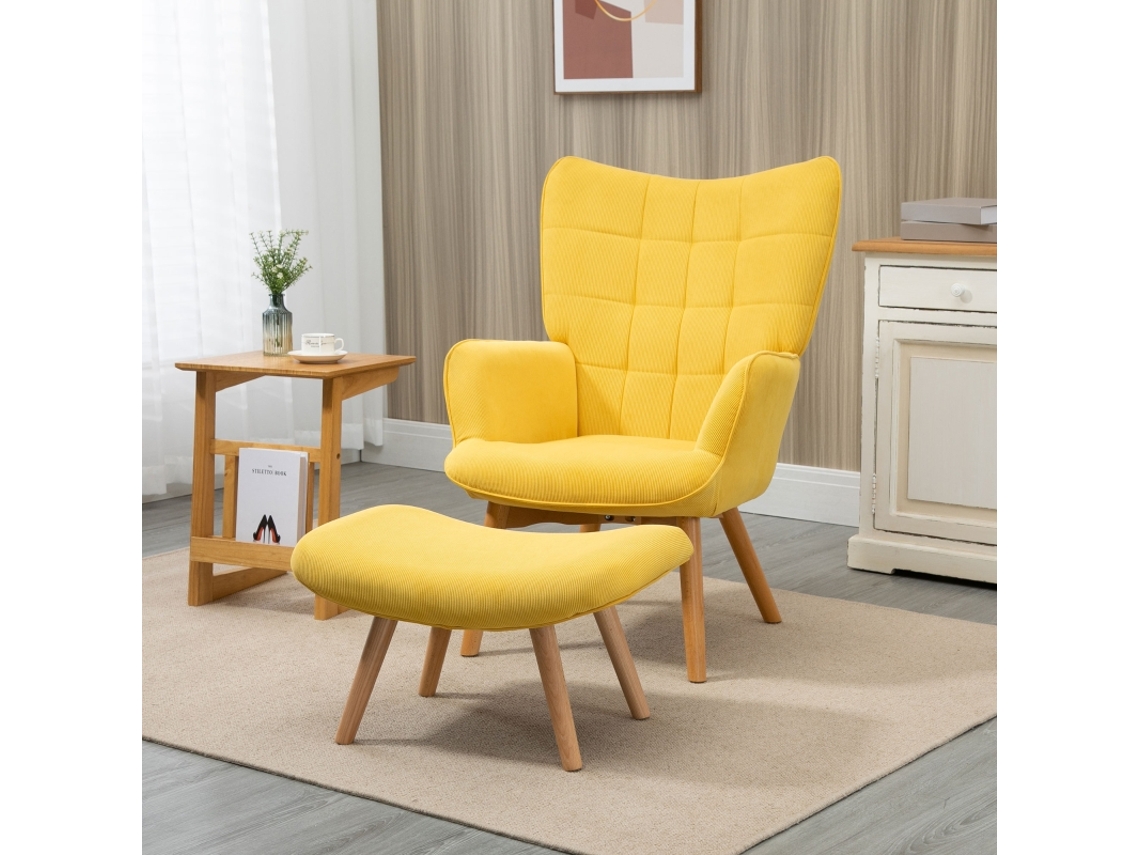 Poltrona Acentuada Com Banqueta, Poltrona Relax Em Tecido Corduroy, Poltrona Com Braços E Pés De Madeira, Para Sala, Amarela