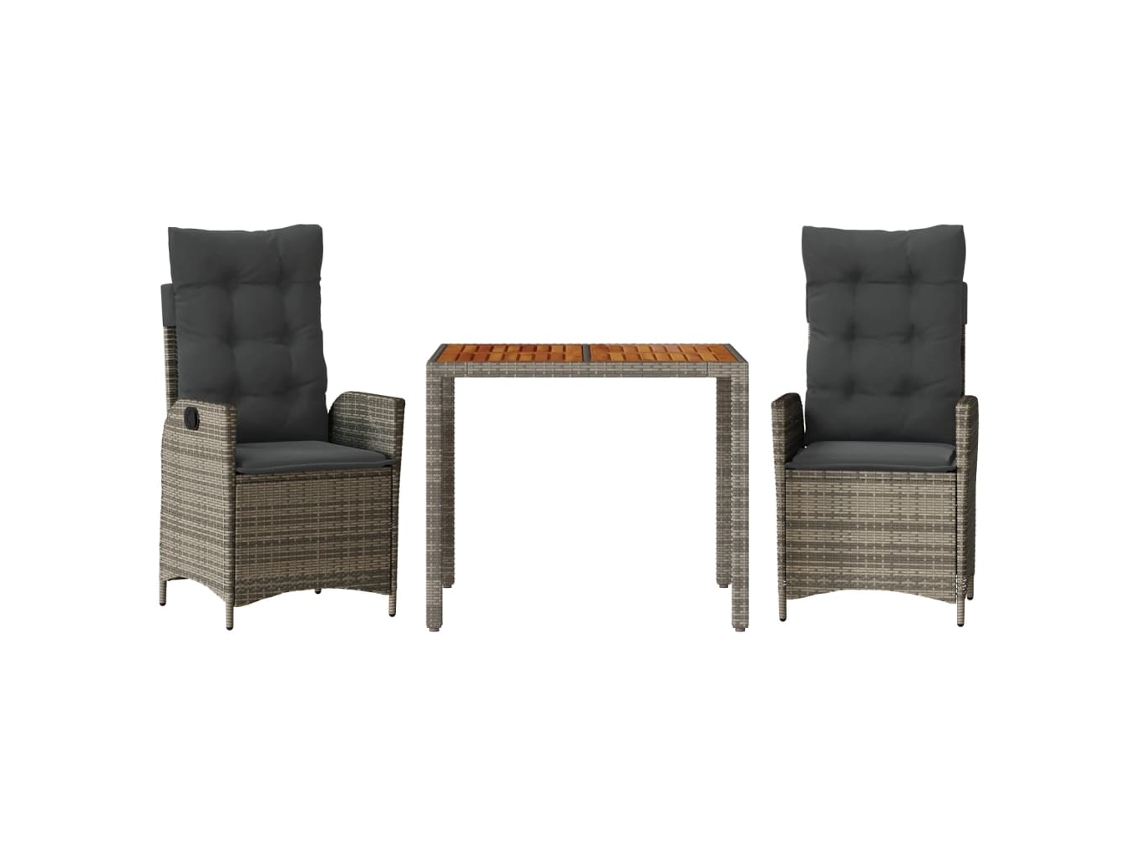 Conjunto 3 de jantar p/ jardim c/ almofadões VIDAXL vime PE cinza