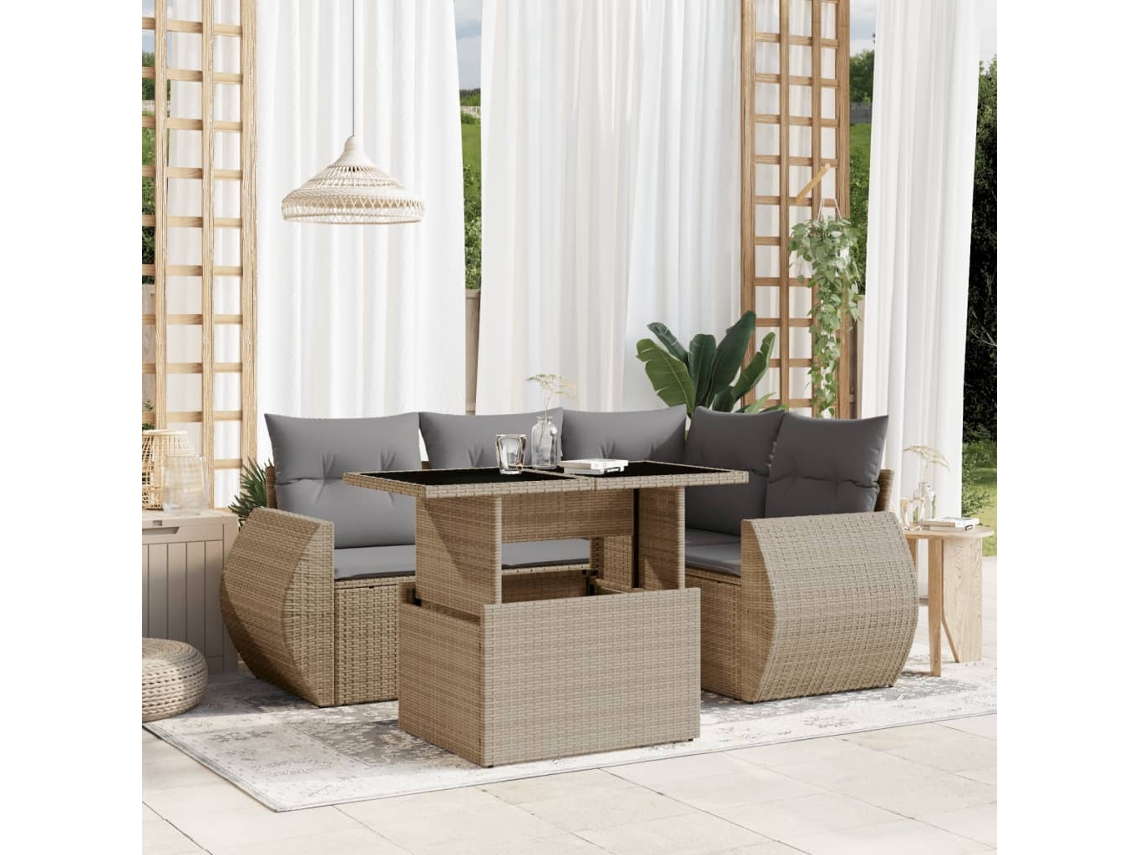 Vidaxl 5 Pcs Conjunto De Sofás P/ Jardim Com Almofadões Vime Pe Bege