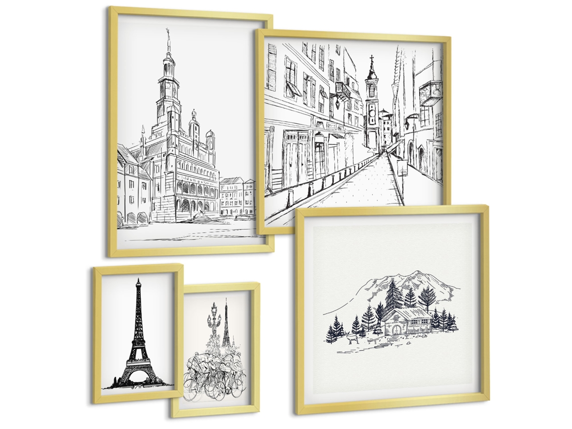 Conjunto De Pinturas Ilustrações Estilosas De Arquitetura Espelharte (5 Peças)