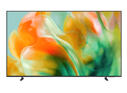 TV Samsung Mini LED M80H mostra paisagem abstrata em tons de azul e vermelho no ecrã.