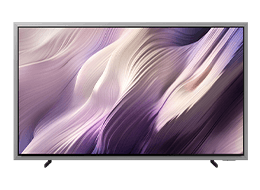 TV Samsung OLED S95H mostra paisagem abstrata branca com tons roxos no ecrã.