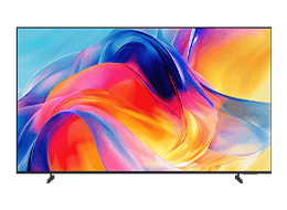 TV Samsung Mini LED M70H mostra design abstrato em azul, vermelho e laranja no ecrã.