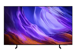 TV Samsung OLED S85H mostra paisagem abstrata em tons de azul e vermelho no ecrã.