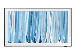 TV Samsung The Frame Pro LS03HW mostra obra de arte abstrata em tons de azul e branco no ecrã.