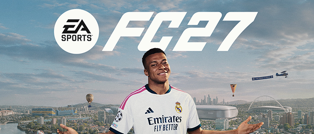 EA Sports FC 27 em formato 16:9, com Kylian Mbappé de camisola branca e braços abertos sobre a cidade; logótipo EA FC 27 no topo em destaque.