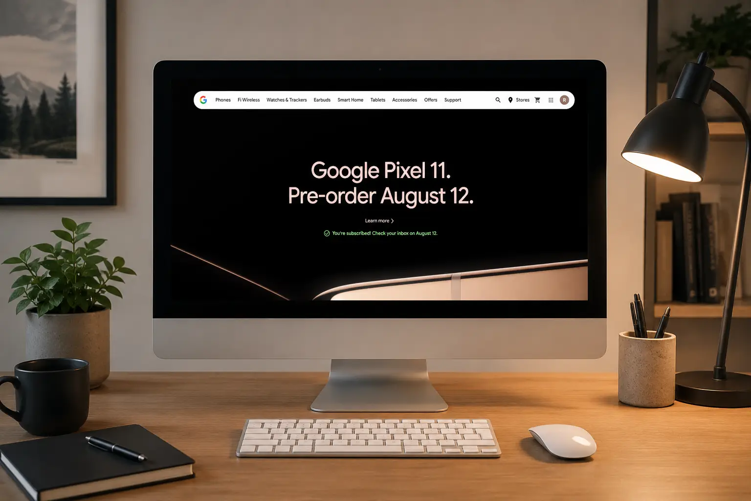 Lançamento Google Pixel 11 no site oficial da Google Store US, exibido num monitor, com lançamento confirmado para 12 de agosto de 2026.