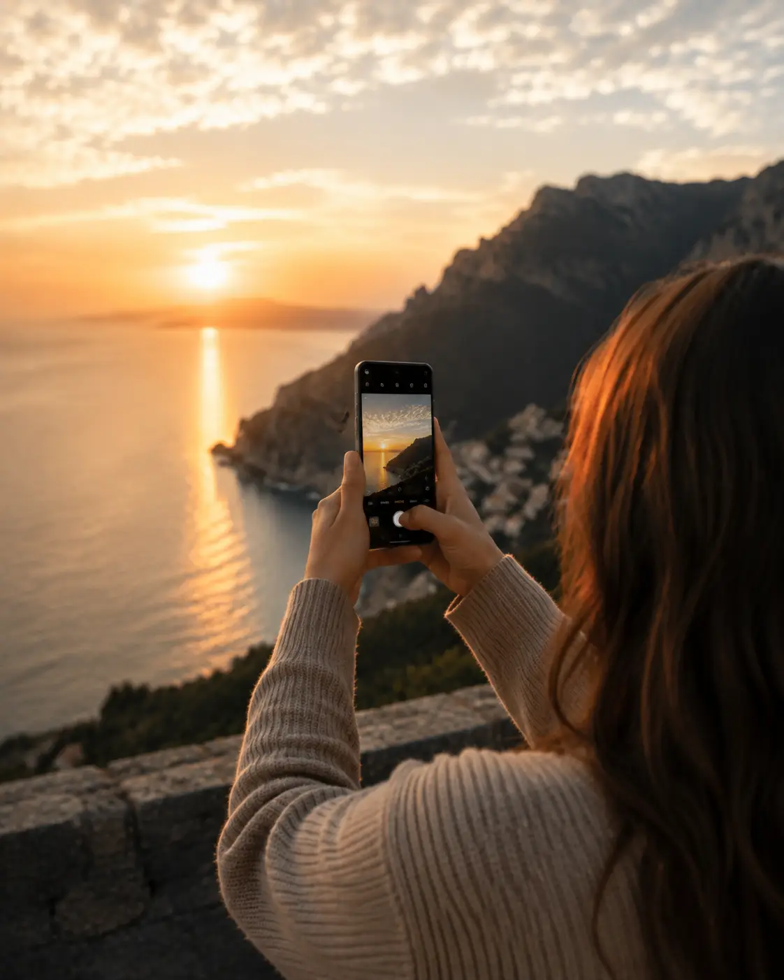 rapariga tira foto ao pôr do sol para ilustrar os melhores telemóveis para fotografia