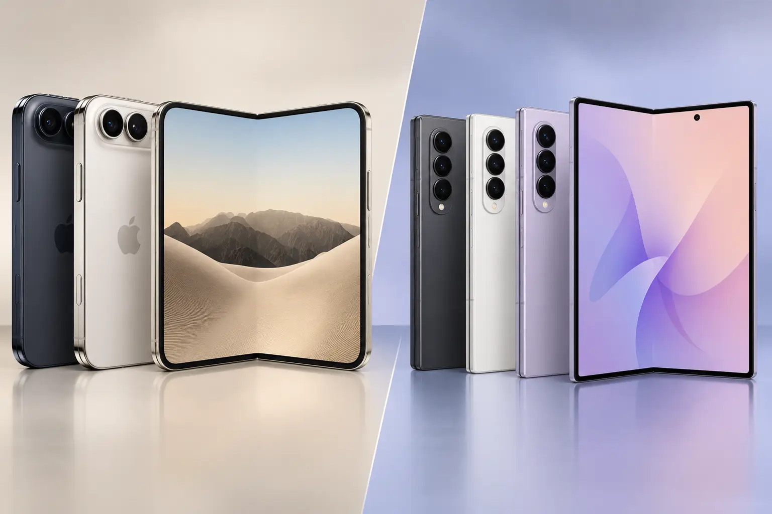 iPhone Duo vs Samsung Galaxy Z Fold 8 dobráveis, lado a lado, com ecrãs abertos e modelos em diferentes cores vistos de frente e de trás.